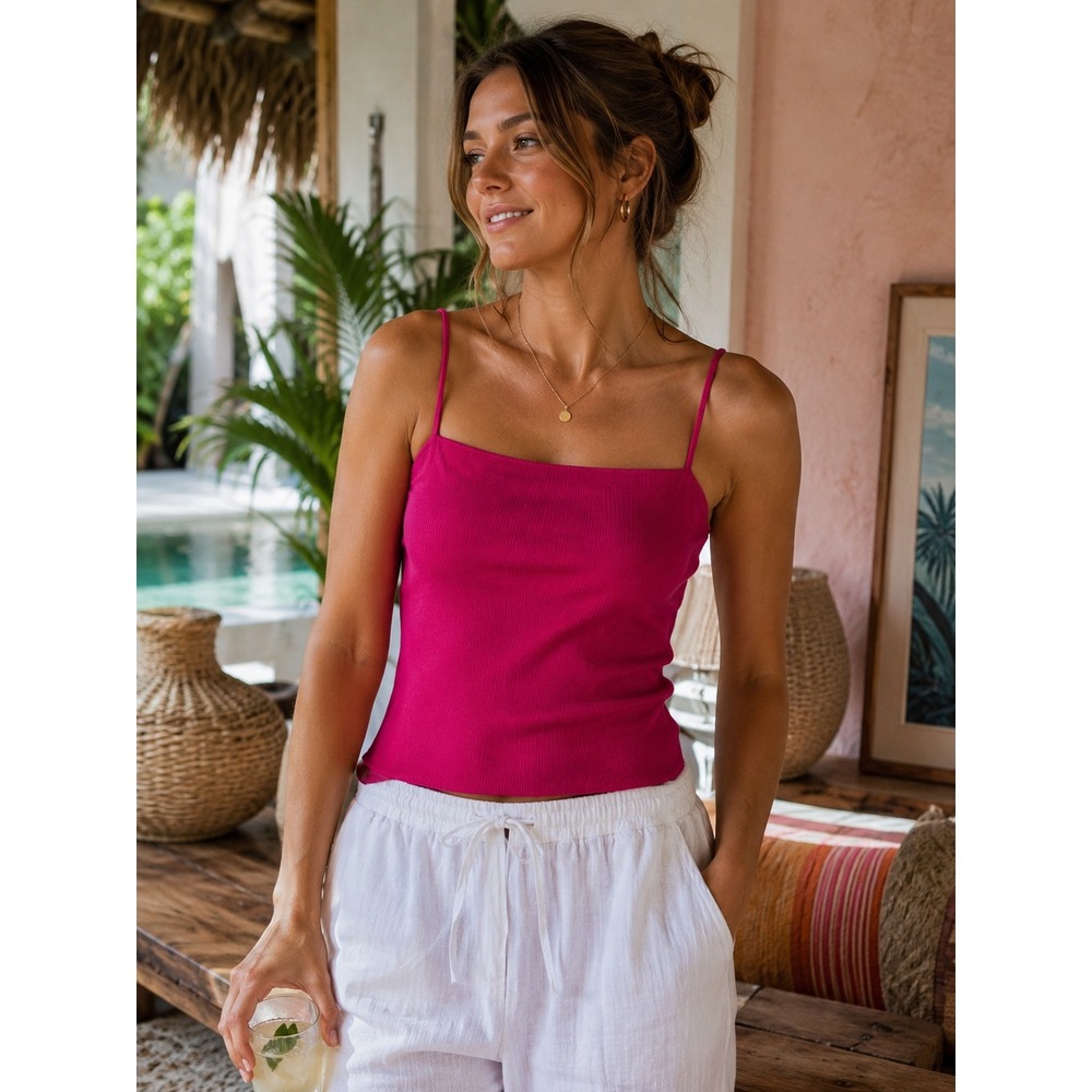 Madewell Magenta Pink Ribbed Square Neck Spaghetti Strap Cami Tank Top Medium